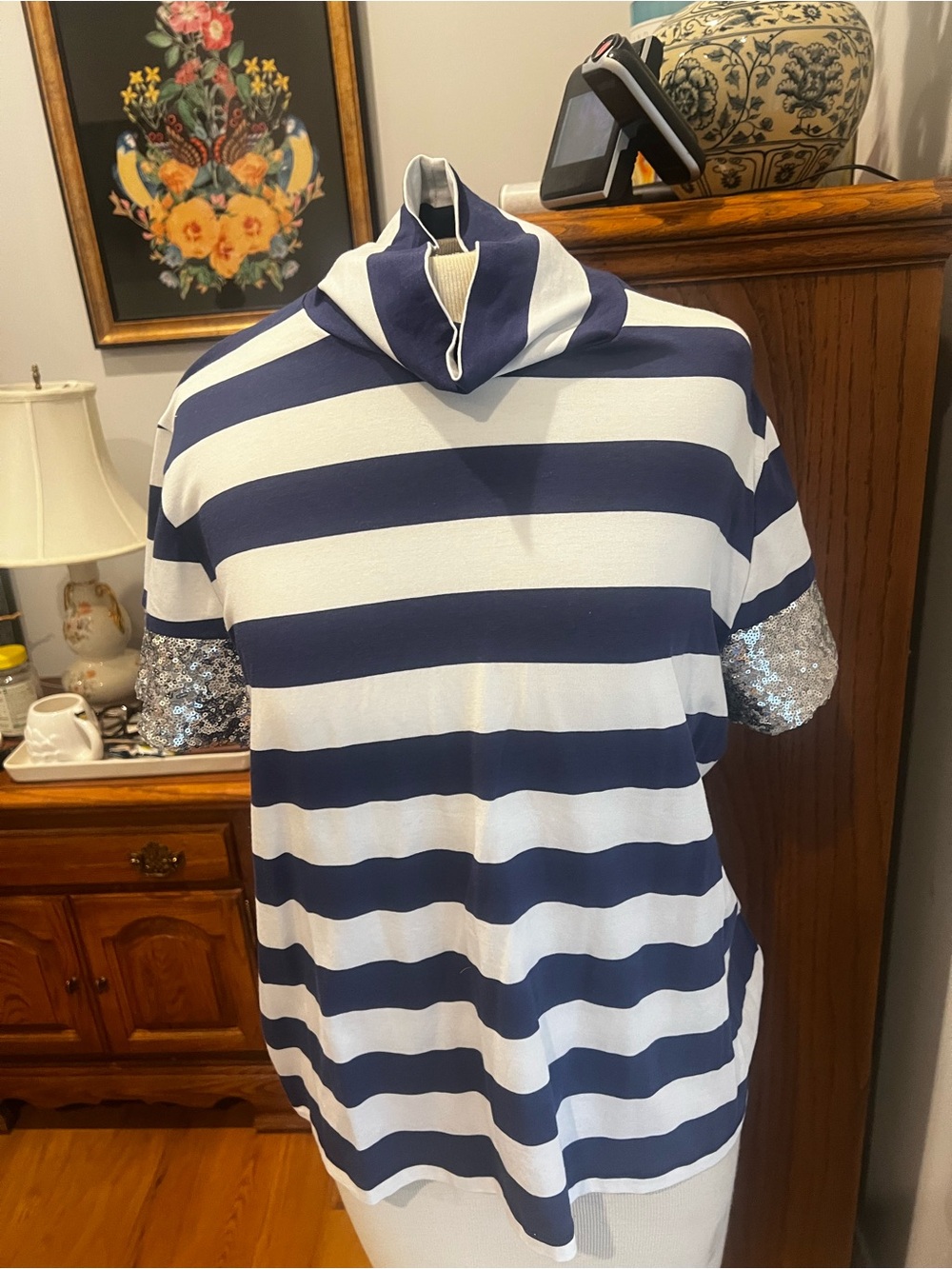Maeve Navy and White Striped Short Sleeve Top